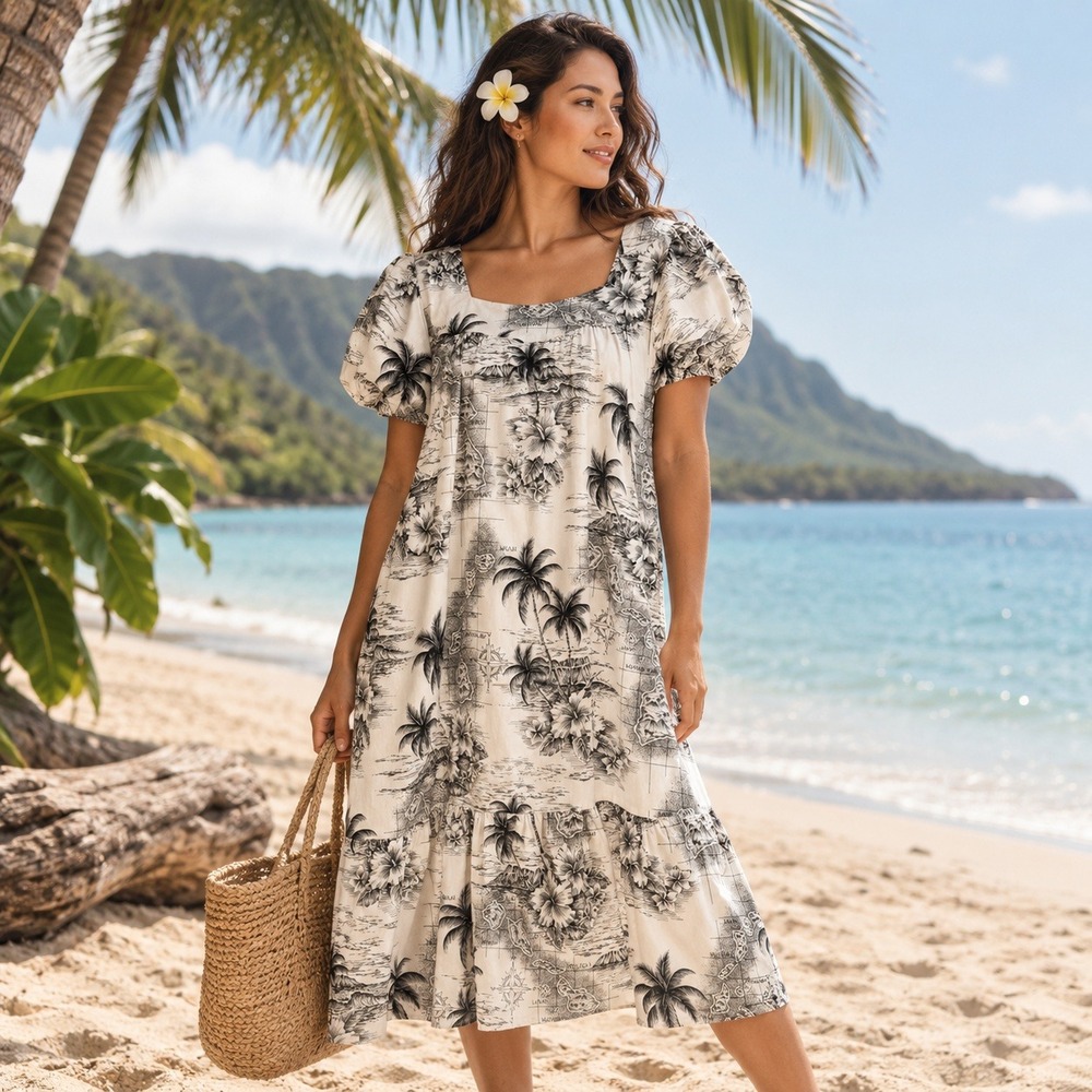 Aloha Republic Hawaiian Dress Sz S Tropical Monochrome Print Midi Muumuu Pockets